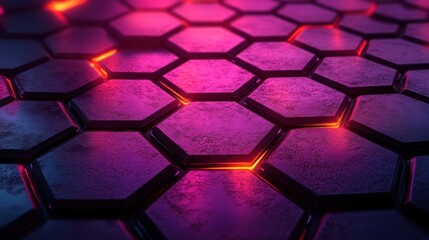 Poster - Abstract hexagonal pattern with vibrant pink and orange neon lights.