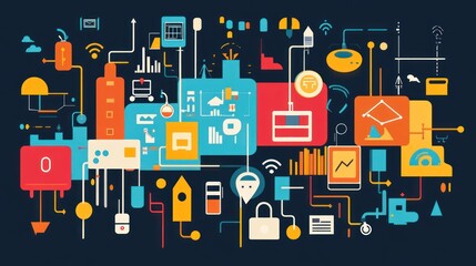 Abstract illustration of interconnected technological elements, depicting innovation, automation, and data flow.