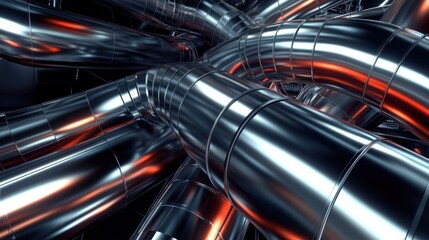 Aufkleber - Abstract image of metallic pipes intersecting and curving in a complex network, illuminated with warm orange accents.