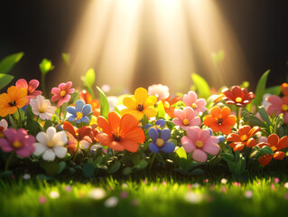 Wall Mural - sunlit wildflower meadow with colorful blooms and lush greenery