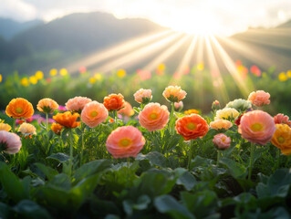 Wall Mural - sunlit wildflower meadow with colorful blooms and mountains in background