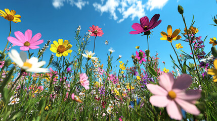 Wall Mural - vibrant wildflower meadow in full bloom under clear blue sky