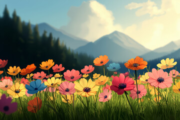 Wall Mural - vibrant wildflower meadow with colorful blooms under sunny sky