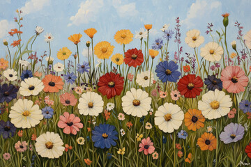 Wall Mural - vibrant wildflower meadow with colorful blooms under blue sky