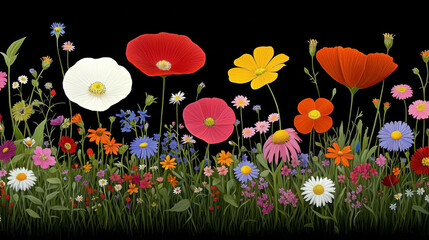 Wall Mural - vibrant wildflower meadow with colorful blooms against black background