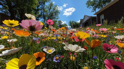 Wall Mural - vibrant wildflower meadow under clear blue sky