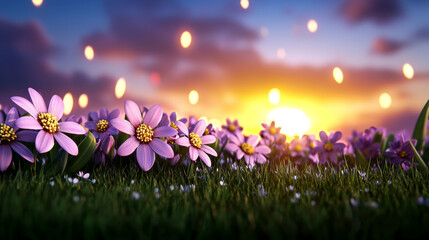Wall Mural - wildflower meadow under glowing sunset sky with vibrant colors