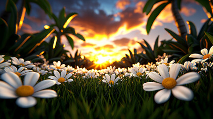 Wall Mural - wildflower meadow under glowing sunset sky with daisies