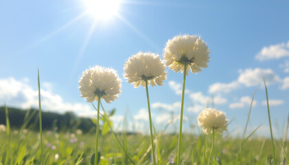Wall Mural - white wildflowers in sunny meadow under bright blue sky