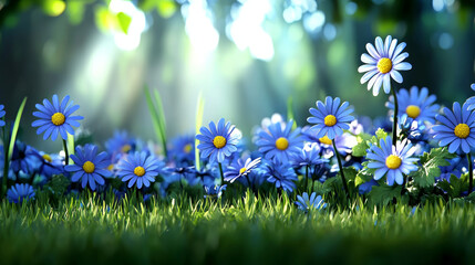 Wall Mural - blue wildflowers bloom in sunlit meadow, creating serene scene