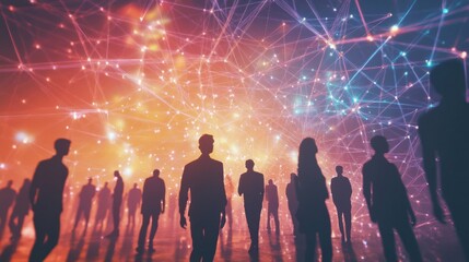 Wall Mural - silhouetted people amidst abstract colorful digital network background