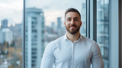 Wall Mural - confident man in white shirt stands by large window, showcasing city skyline.