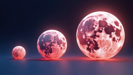 three illuminated celestial bodies decreasing size glowing red dark background space moon planets