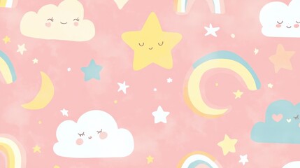 Wall Mural - cute pastel background with clouds, stars, rainbows, and smiles