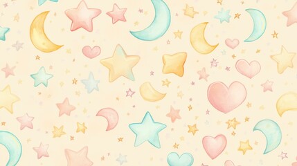 Wall Mural - whimsical pastel background with stars, moons, and hearts design