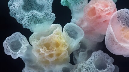 Poster - Abstract pastel colored bubbles in water, forming organic shapes and textures against a dark background.