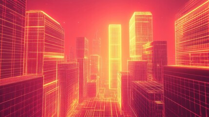 Wall Mural - futuristic cityscape with neon glow and wireframe structures