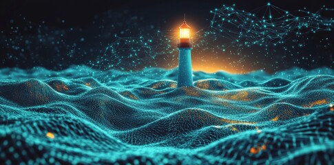 Wall Mural - glowing, futuristic artwork depicting a lighthouse and a view of earth’s globe from a space perspect