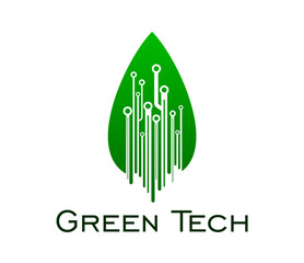 Poster - Green leaf and digital tech icon for eco technology and innovation, vector emblem. Green tech icon of leaf and circuit chipset for digital smart farm or green power and biotechnology company emblem