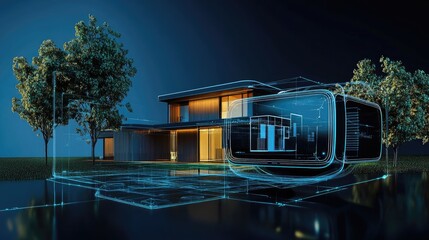 A futuristic virtual reality headset displaying a D home model on a digital screen