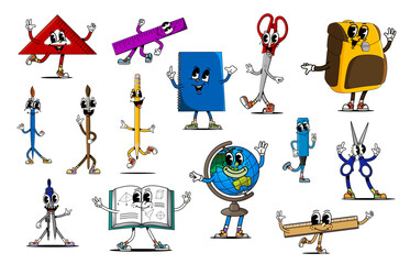 Poster - Cartoon groovy school education stationery characters and funny student supplies, vector comic. Groovy school characters of rulers with funky face and pencil with freaky smile, globe and school bag