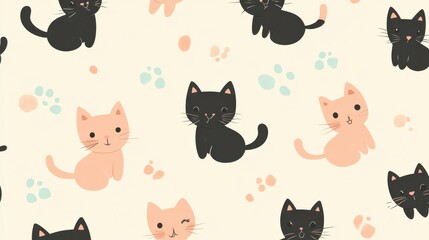 Wall Mural - cute cartoon cats in a playful pattern with paws and whiskers
