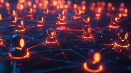 Wall Mural - network of connected digital figures with bright neon elements