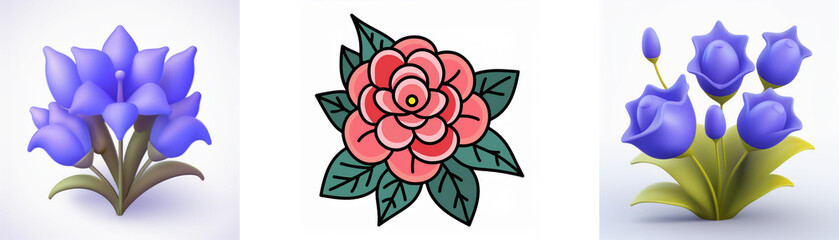 Wall Mural - three flower illustrations: purple bell-shaped flowers, a pink rose with leaves, and a bouquet of pu