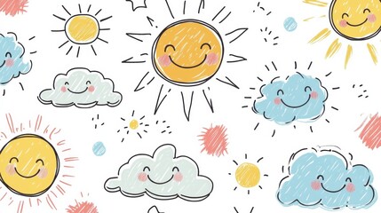 Wall Mural - playful hand-drawn sunshine and clouds with smiling faces pattern