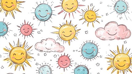 Wall Mural - playful sun and cloud pattern with happy faces for kids decor