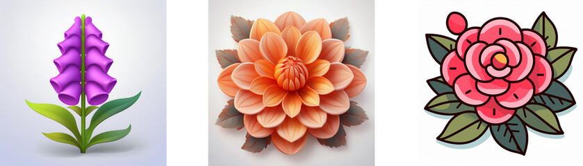 Wall Mural - three flower illustrations: a purple bellflower, an orange dahlia, and a pink rose, each depicted in