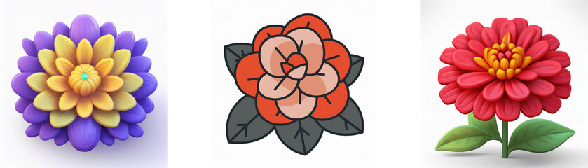 Wall Mural - three diverse flower illustrations are presented: a 3d purple and yellow bloom, a tattoo-style red f