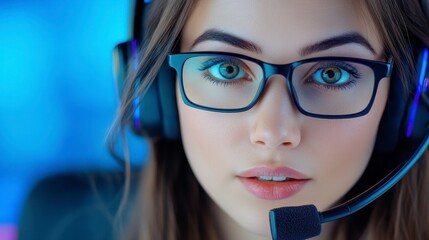 Wall Mural - Focused Woman in Glasses with Gaming Headset on Blue Background