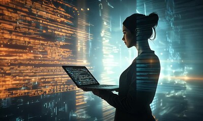 woman coding laptop futuristic data background