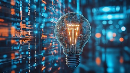 Glowing lightbulb with digital code background.