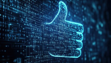 Abstract digital thumbs-up icon on a dark blue background with a binary code and computer circuit texture Generative AI