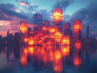 City Skyline at Dusk with Skyscrapers and Reflections in Water