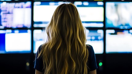 Woman Observing Data on Multiple Screens