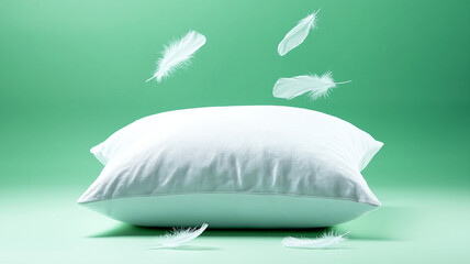 Sticker - soft white pillow surrounded by floating white feathers on green background creates serene and calming atmosphere. gentle movement of feathers adds touch of elegance and tranquility