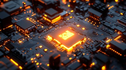 Illuminated circuit board with glowing processor