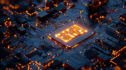 Illuminated circuit board with glowing processor