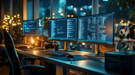 Nighttime Programmer Workstation: Modern Office Setup with Triple Monitors Displaying Lines of Code