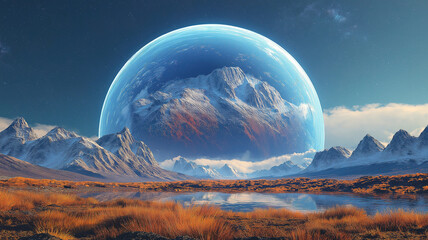 Wall Mural - futuristic earth concept with natural landscapes merging with a hyper globe against the cosmic backd