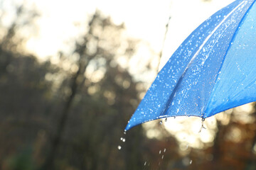 Wall Mural - Open blue umbrella under pouring rain outdoors, closeup. Space for text