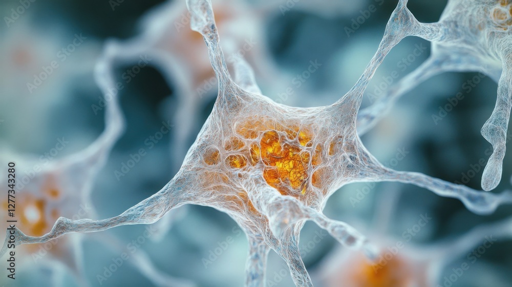 Aging cells under a microscope in a research lab. Featuring cellular breakdown and irregular shapes