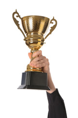 Wall Mural - woman with golden trophy cup on white background, closeup