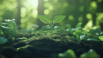 Wall Mural - ecology concept with a young plant growing under sunlight, highlighting renewable energy sources
