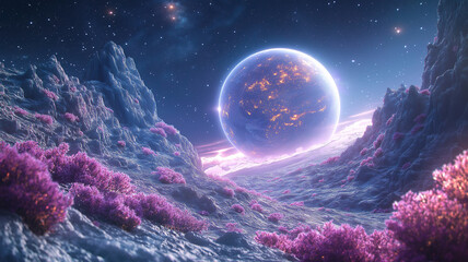 Wall Mural - futuristic earth from space blending natural landscapes with a hyper globe against a starry sky