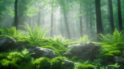 Wall Mural - Peaceful nature scene with misty forest ferns and mossy rocks illuminated by soft sunlight