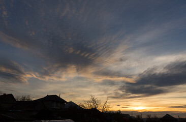 Wall Mural - Landscape at sunset. Tragic gloomy sky. Panorama. Crimson twilight.